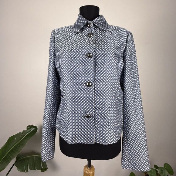 H Hilfiger Silk Cotton Blend Jacket Women’s Geometric Blue Blazer, 00s Y2K - Picture 1 of 13